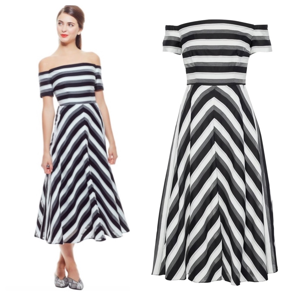 LELA ROSE Off The Shoulder Striped Fit-and-Flare Dress